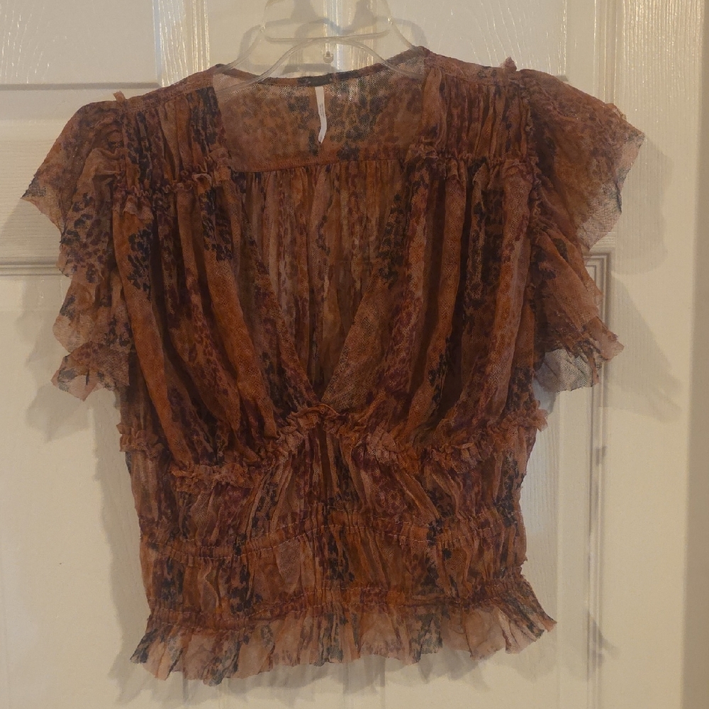 Free People Rust Brown Ruffled V-Neck Top